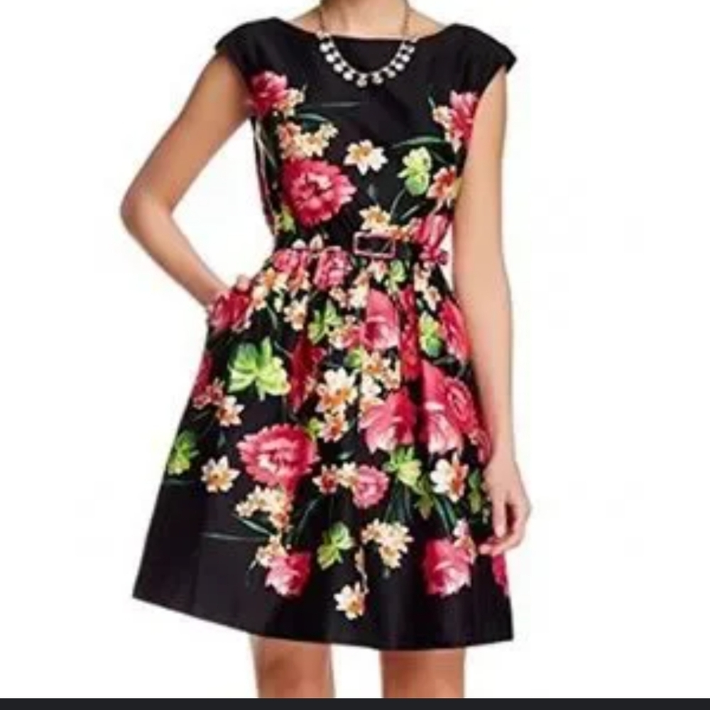 Floral Fit-and-Flare Dress in Black with Pink Blooms
